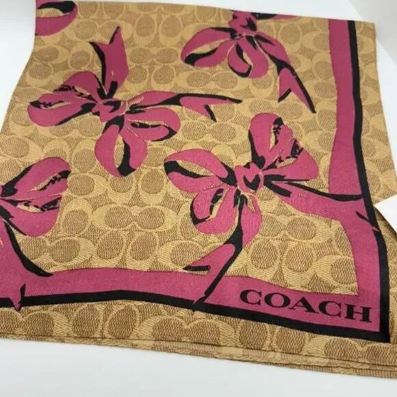 Coach Signature Bow Print Silk Bandana CZ527 Tan/Pink - Picture 2 of 5